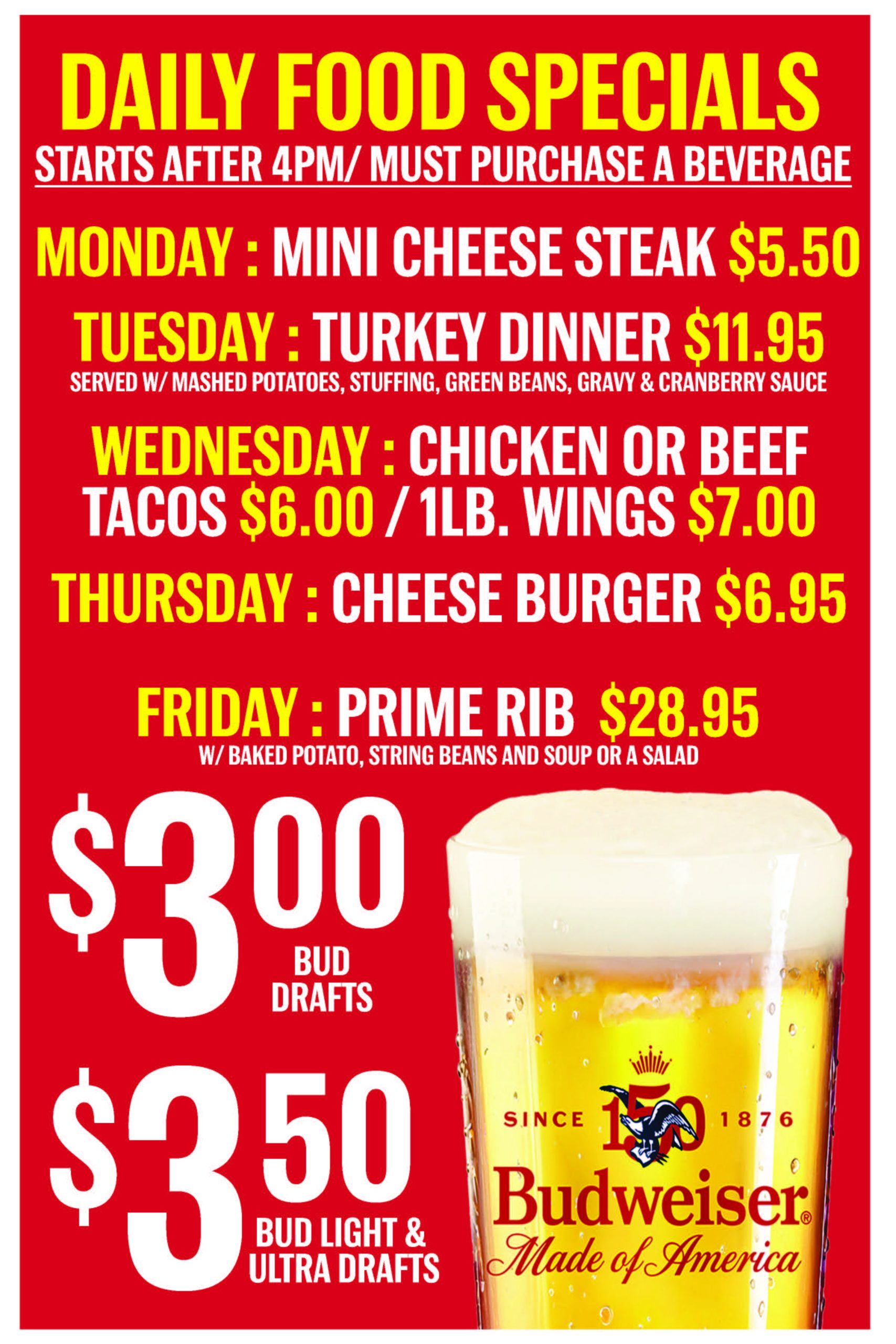 Skyline Tavern Daily Food Specials Menu updated